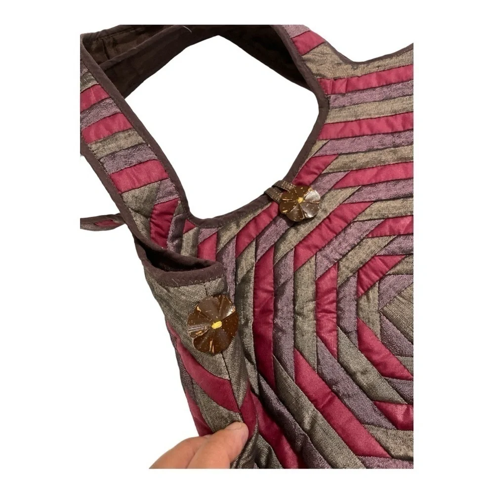 Boho Quilted Silk Shoulder Bag | Red Brown Patchwork Hobo | Coconut Button
